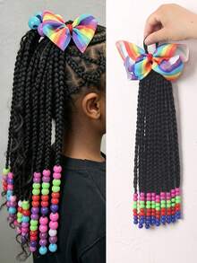 1pc Kids Wig, With Colorful Bow Clip, Fluffy Cute Short Ponytail, Decorated With Colorful Beads At The Ends, Suitable For Daily Wear And Parties. - Black - View 11