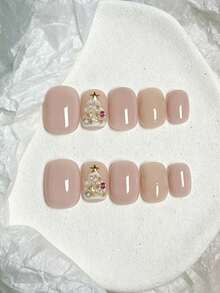 10 buah Kuku Tempel Pendek Persegi Buatan Tangan Asli, Gaya Lembut dan Manis, Dasar Merah Muda Nude, Pola Pohon Natal 3D & Mutiara Rhinestone untuk Wanita dan Anak Perempuan, Musim Semi, Musim Panas, Musim Gugur, Musim Dingin, Festival, Pesta, dan Penggunaan Sehari-hari - Baby Pink - View 1