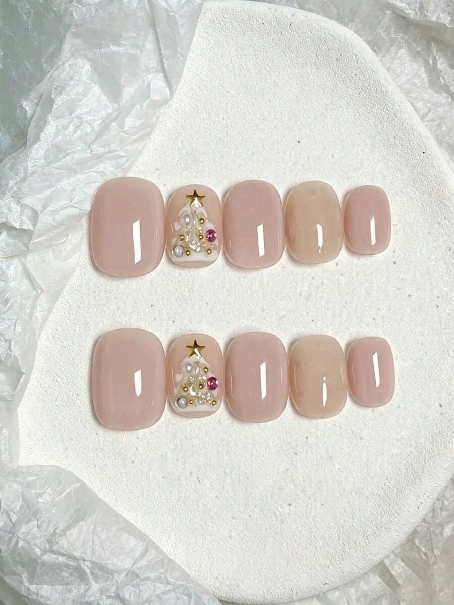 10 buah Kuku Tempel Pendek Persegi Buatan Tangan Asli, Gaya Lembut dan Manis, Dasar Merah Muda Nude, Pola Pohon Natal 3D & Mutiara Rhinestone untuk Wanita dan Anak Perempuan, Musim Semi, Musim Panas, Musim Gugur, Musim Dingin, Festival, Pesta, dan Penggunaan Sehari-hari - Baby Pink - View 1