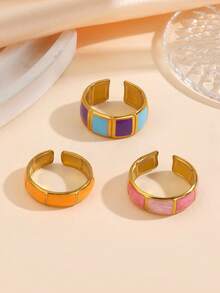 3pcs Stainless Steel 18K Gold Plated Geometric Bamboo Knot Design Oil-Filled Multicolor Open Ring Set, Minimalist Fashion Stackable Rings For Women's Daily Wear - Multicolor - View 4