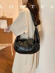 low tea 1pc Minimalist Fashion Crescent-Shaped PU Leather Shoulder Bag, Suitable For Commuting, Shopping And More - Black - View 7