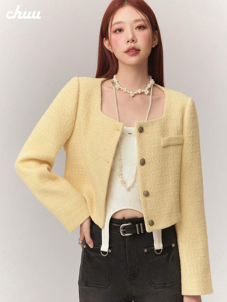 CHUU Women's Thermal Lined Wool Blend Coat, Autumn/Winter Long Sleeve Thick Warm Short Jacket - Yellow - View 1