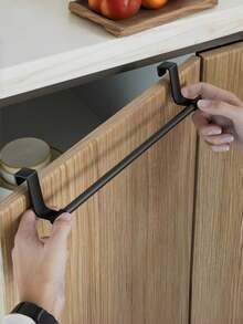 1pc Black Stainless Steel No-Drill Towel Rack, Single Bar Towel Rack, Cabinet Door Hanging Towel Bar, Long Dishcloth Rack, Suitable For Bath Towels, Bath Towels And Hand Towels, Kitchen Cabinet Door Dishcloth Hook. Perfect For Bathroom And Kitchen Towel Storage, Space-Saving, Suitable For Home Use. - Black - View 6