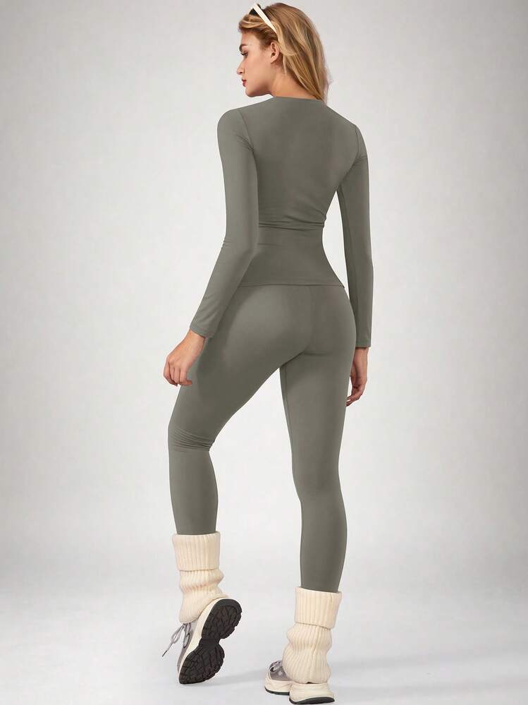 Women's Round Neck Brushed Long Sleeve Fitness Set, Solid Color Autumn Yoga Running Sports Casual Outfit, Thanksgiving Christmas Outfit - Grey - View 2