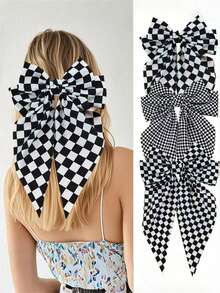 1/3pcs Women's Black & White Plaid Checkerboard Spring Hair Clips With Bows, Minimalist Satin Ribbon Ponytail Clips, Autumn Outfit Decorative Hair Accessories, Versatile Daily Hair Clips - Multicolor - View 4