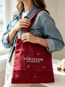 L'Occitane Red Canvas Tote Bag Double Sided Print Star Pattern Large Capacity Shoulder Handbag Casual Commute Beach Shopping Cosmetic Storage Gift Bag For Women - Red - View 4