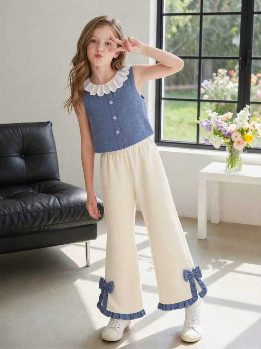 Tween Girls Casual Fashion Cool Sleeveless Top With Peter Pan Collar & Loose Wide-Leg Pants 2 Pieces Set, Spring/Summer - Multicolor - View 1