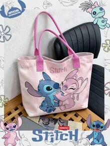 Miniso Disney Stitch & Angel Pink Tie-Dye Canvas Tote Bag, Casual Shoulder Bag With Handle, Suitable For Daily Use - Pink - View 4