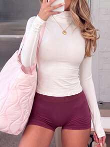 NOIRLYN Fall Winter Women's Basic Solid High Neck Long Sleeve Top Fitted Slim Fit Y2K Layering T‑Shirt Base Layer - White - View 4