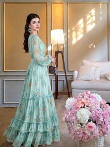 Women's Elegant Modern Romantic Floral Print Long Sleeve Ruffle Patchwork Design Luxurious Swing Dress With Ruffled Hem - Mint Green - View 2