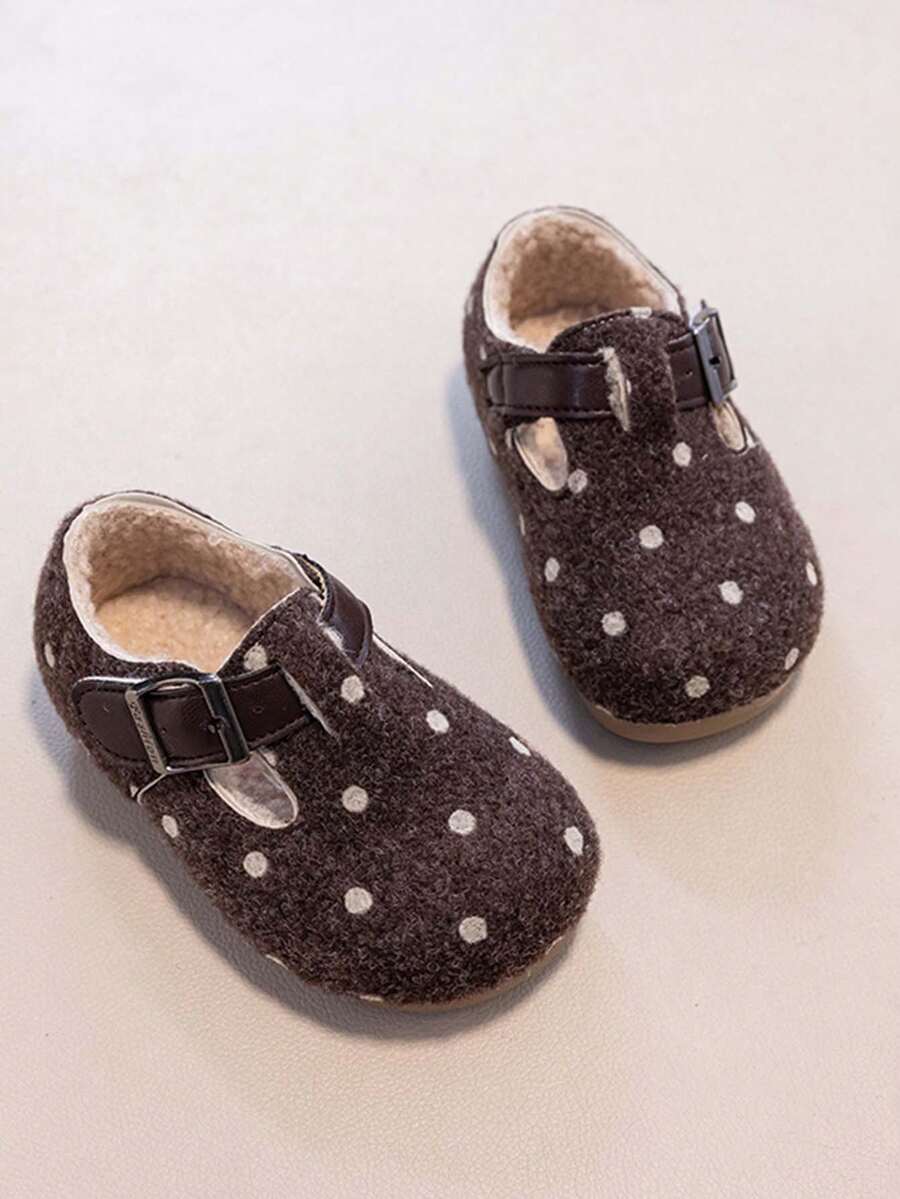 秋冬女童毛絨波點懶人鞋,女童魔鬼氈保暖毛茸茸鞋 - 咖啡棕 - 查看 1