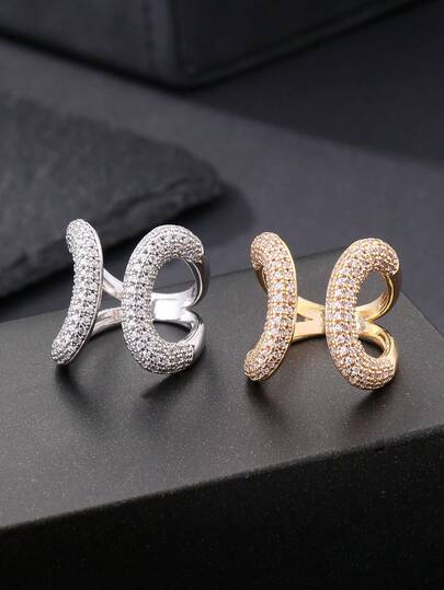 1pc Women's Double Arc Double C-Shaped Hollow Open Ring, Fully Pave Shiny Zirconia Adjustable Luxury Jewelry, Gold And Silver Color Optional