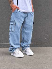 Calça Cargo Jeans Masculina Feminina Jeans Claro Oversized 6 Bolsos Confortável Casual  Cintura Elástica Cordão Estilo Skate P, M, G, GG, G1 - Jeans Clara - Visão 6