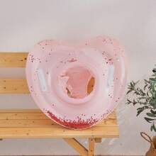 1pc Kids Heart-Shaped Inflatable Swim Seat Float, Pink Cherry Print & Glitter Transparent Dual Design, With Handles Anti-Flip Swim Ring, Children's Pool Water Swimming Training Equipment - Multicolor - View 7