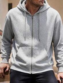 Men's Light Gray Full Zip Hoodie Sweatshirt, Autumn/Winter Casual Hooded Jacket With Kangaroo Pocket, Minimalist Style - Grey - View 7