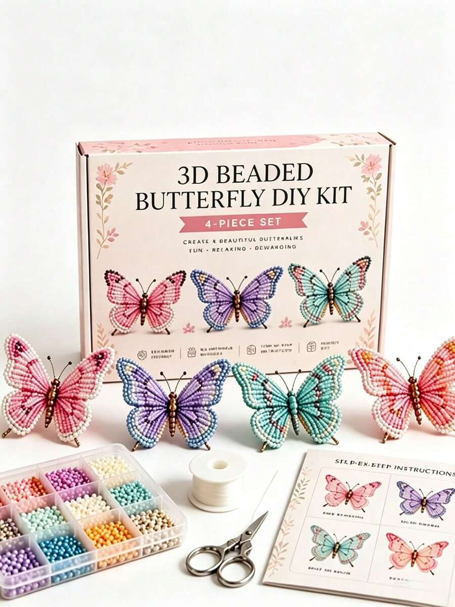 1 Set Butterfly Beaded Jewelry Kit - DIY Handmade Beaded Materials, Exquisite 3D Beaded Animal Handmade Kit, One Set Includes Four Different Colors And Styles, Includes English Instructions And Complete Material Package, DIY Semi-Finished Decorative Accessories Kit - Multicolor - View 1
