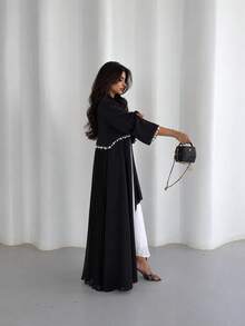 Hafizah عباية كارديجان طويلة سوداء بتصميم رقعات مطوية، رداء فضفاض منسدل مفتوح من الأمام، معطف طويل أنيق متعدد الاستخدامات للنساء للاستخدام اليومي - الأسود - مشاهدة 3