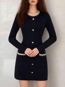 Women's Autumn/Winter Minimalist Elegant Lady Style Round Neck Knit Dress - Black - View 5
