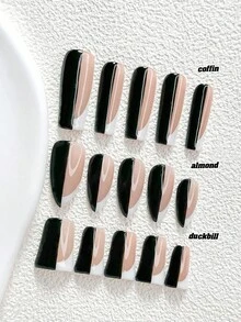 秋季 10片裝幾何拼接風手工穿戴甲 Polygel 美甲套組，黑白配色，俐落極簡風，3種尺寸可選，杏仁甲、鴨嘴甲、棺材甲，適合派對、舞會、日常配戴（手工細節可能有所不同） - 彩色 - 查看 1