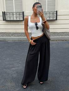 Women's Black Polyester Wide Leg Harem Pants, Long Loose Fit, Front Button Design, Pleated Waistband Comfortable And Fashionable - Black - View 6