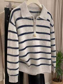JIANHU Light Gray & Blue Striped Polo Knit Sweater - Autumn/Winter Half-Zip Pullover With Ribbed Collar And Contrast Stitching, Suitable For Christmas Markets And Casual Business Occasions - Light Grey - View 2