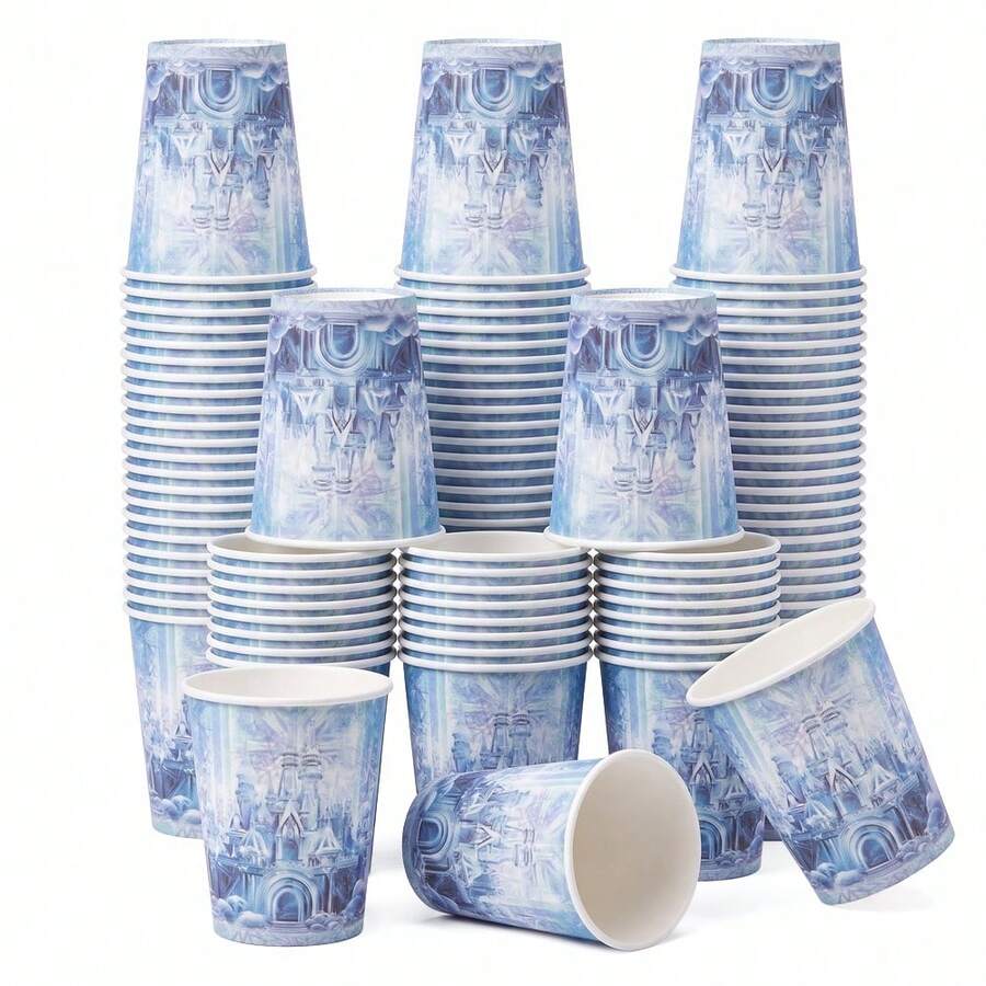 10/20/60 Pcs,Blue Ice Castle Printed Disposable 9oz Paper Cups,Frozen Pattern Drinking Cups,Heavy Duty Party Tableware For New Year Office Party,Frozen Princess Celebration,Winter Wonderland Gathering - Multicolor - View 1