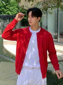 Unisex Casual Solid Color Loose Fit Round Neck Button Up Long Sleeve Cardigan Sweater, Suitable For Autumn And Winter - Red - View 2
