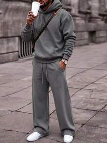 American Basic Men Hoodie And Straight Sweatpants 2 Pieces Outfit, Solid Loose Daily Casual Matching Set - Dark Grey - View 1