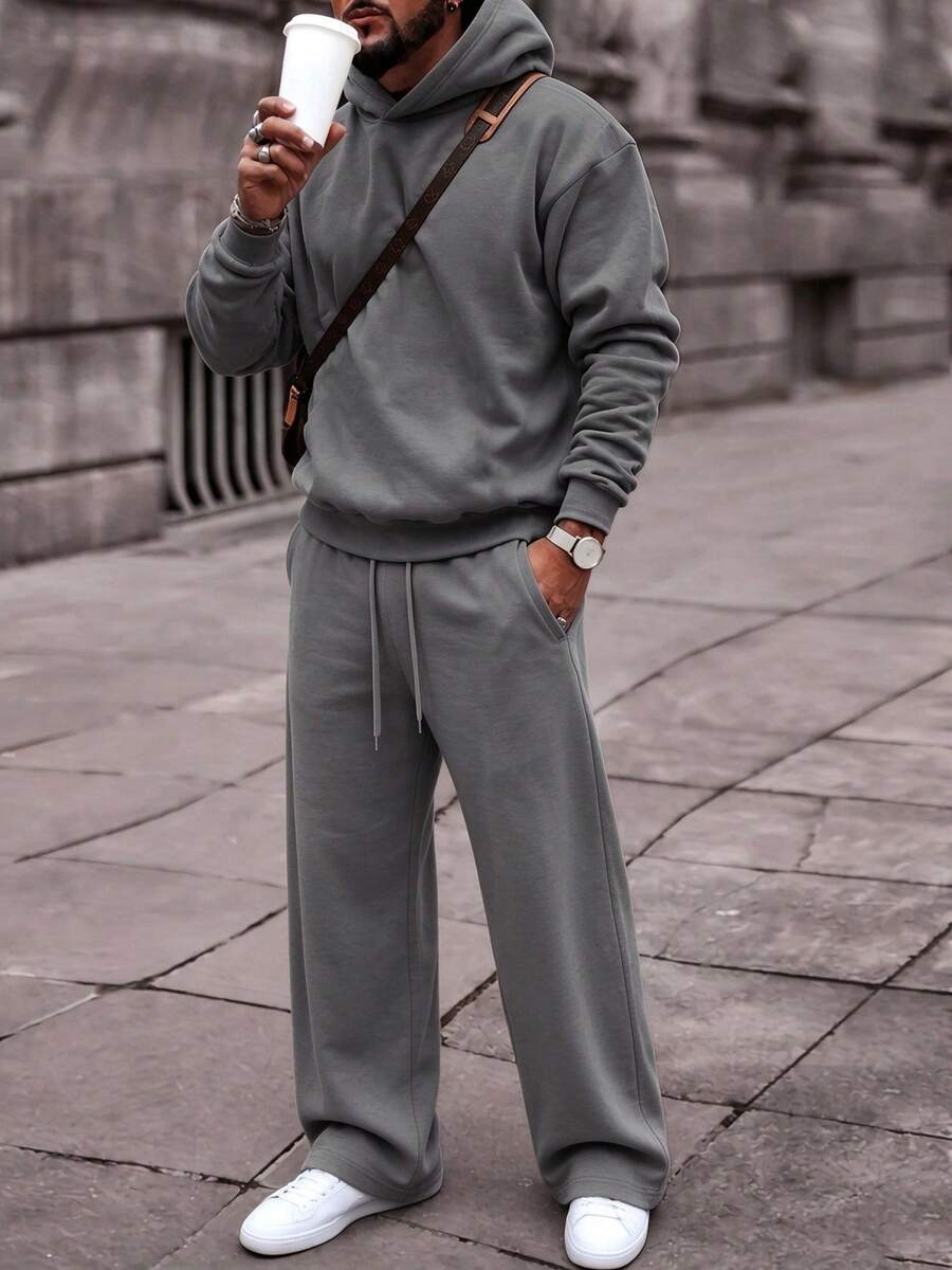 American Basic Men Hoodie And Straight Sweatpants 2 Pieces Outfit, Solid Loose Daily Casual Matching Set - Dark Grey - View 1