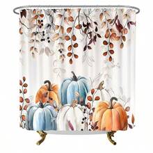 1PC/4PCS Pumpkin Shower Curtain Set, Thanksgiving Harvest Theme Shower Curtain, Non-Slip Bathroom Mat, Toilet Lid Cover, With 12 Hooks - Pumpkin - View 9