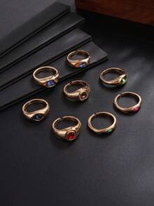 8 buah Cincin Emas Batu Permata Berwarna-warni Bertekstur Vintage, Cincin Pita Lebar Bergaya Antik dengan Rhinestone Berwarna-warni, Aksesori Perhiasan Tangan Unisex yang Dapat Ditumpuk dan Dipersonalisasi - Emas - View 6