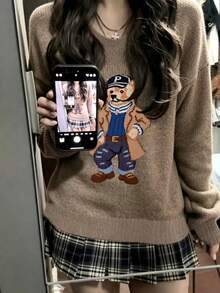Women's Long Sleeve Crew Neck Sweater With Cute Fashion Bear Print, Perfect For Daily Commute - Earth Gray - View 11