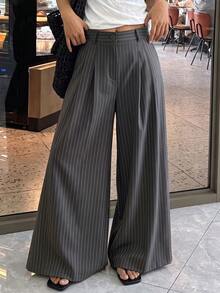 Vertical Striped High-Waist Pleated Wide Leg Suit Pants, Women's Loose Formal Trousers - Grey - View 6
