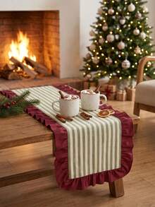 1pc Green & White Fine Striped With Burgundy Ruffle Edge Table Runner, Christmas Country Style Fabric Material, Rectangular Shape With Burgundy Ruffle Edge Patchwork Detail Decoration, Beautification And Stain Protection For Tabletop, Suitable For Christmas Fireplace Decor And Winter Holiday Home Scenes - Red - View 2