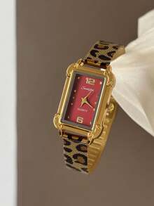 1pc Fashionable Gold Women's Quartz Watch, Rectangular Red Dial, Mixed Hour Markers, Suitable For Daily Wear And Party - Gold - View 2