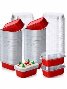 5/10/20/50pcs Mini Cake Cups With Lids, 5.7Oz Aluminum Foil Material, Red Disposable Rectangular Baking Cups, Suitable For Pudding Desserts, Muffin Baking Storage, Birthday Party Storage Gifts - View 1
