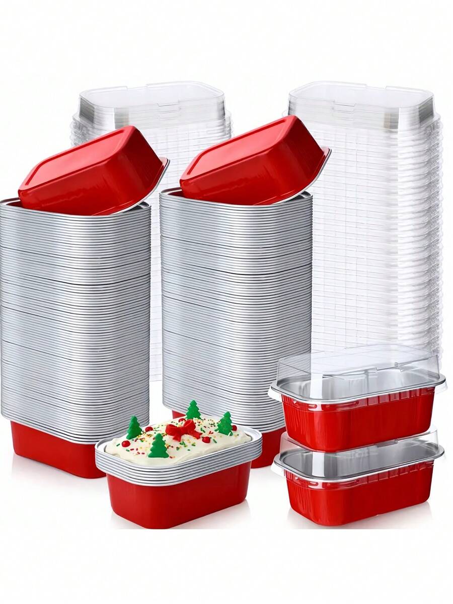 5/10/20/50pcs Mini Cake Cups With Lids, 5.7Oz Aluminum Foil Material, Red Disposable Rectangular Baking Cups, Suitable For Pudding Desserts, Muffin Baking Storage, Birthday Party Storage Gifts - View 1