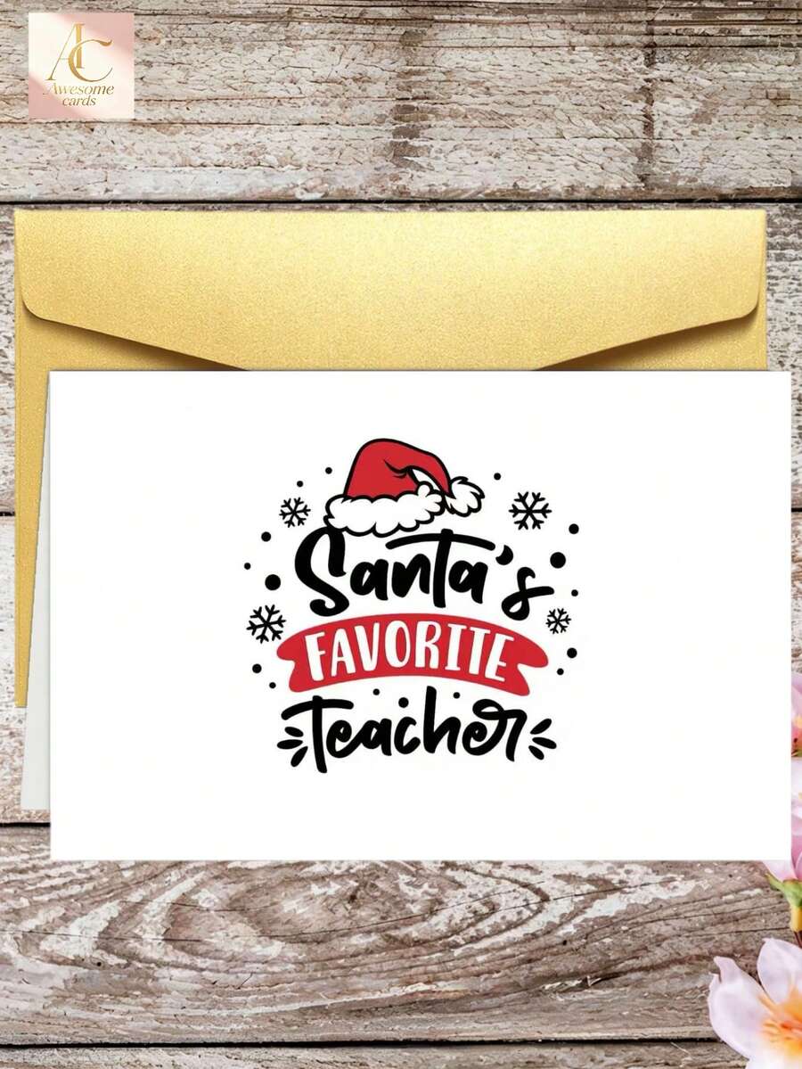 Santa's Favorite Teacher Christmas Greeting Card, Cute Santa Hat & Snowflake Design, Holiday Thank You Gift For Teachers, Appreciation Xmas Card For Educators, Hand Lettered Festive Stationery For School Season - One Size Fits All - View 1