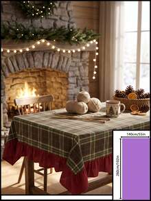 1pc Green Brown Red Classic Large Plaid Tablecloth Traditional Country Style Rectangular Burgundy Ruffle Edge Pleated Detail Stain-Resistant Protective Tablecloth For Home Long Table Suitable For Christmas Family Gathering And Winter Holiday Dining Room Decor - Green - View 17
