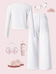 2 Pieces Sweet Girl Bow Home Set, White Pit Stripe Round Neck Long Sleeved Loose Pants, Suitable For Daily Casual Wear In Spring, Autumn And Winter. - White - View 5