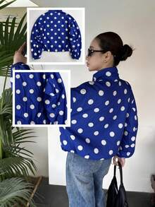 Women Jackets - Blue With White Polka Dots - View 10