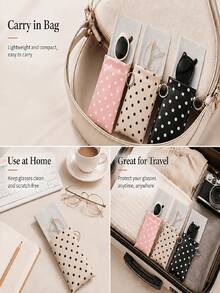 1pc PU Leather Cute Polka Dot Portable Spring Hinge Glasses Case, Auto-Closing Design, With Hook And Built-In Cleaning Cloth, Portable Glasses Protection Storage Bag - Multicolor - View 3