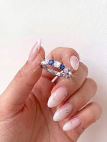 1pc Blue Rhinestone Ring, Versatile Daily Wear, Party Accessory, Vintage Jewelry Women's Gift - Fashion Diamond Ring - View 6