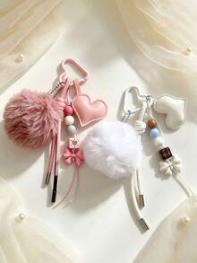 Korean Cute Fluffy Pom-Pom Beaded Keyring, Carabiner Phone Lanyard Bag Accessory - Multicolor - View 6