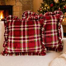 1pc/2pcs Christmas Plaid Ruffle Throw Pillow Covers 18x18 Inch Scottish Tartan Cushion Case For Farmhouse Home Holiday Decor(Big Red) - Red - View 13