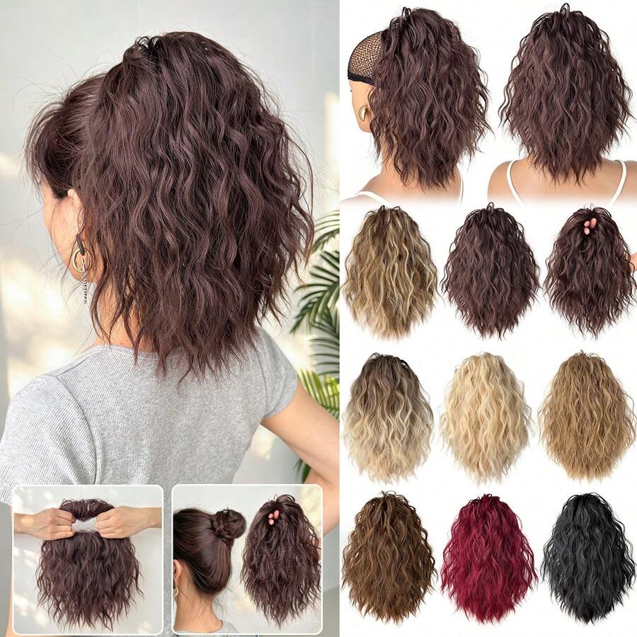HEYPINK Wavy Messy Bun Hair Extensions, Synthetic Curly Hair Scrunchie Elastic Hair Tie, Thick Volume Tousled Updo Hair Piece, Instant Ponytail Chignon For Ladies Tousled Updo Chignon Ponytail Hair Extensions For Women, Multiple Colors Available