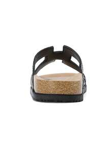 Women Marble Print Double‑Strap Cork Footbed Slide Sandals - Black - View 4