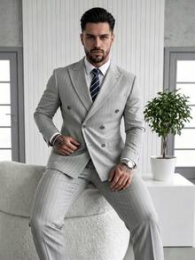 Setelan Jas Pria Formal Bergaris, Jaket dan Celana, 2 Potong, Desain Kasual dan Modis, Cocok untuk Musim Semi dan Gugur, Pakaian Sehari-hari - Light Grey - View 4