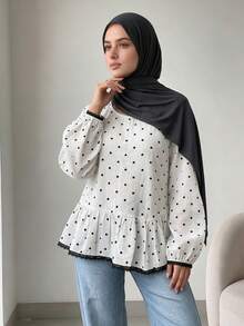 Women's Standard Size Polka Dot Print Ruffle Hem Lace Trim Patchwork Casual Commute Blouse, Vintage Fall Fashion - Multicolor - View 3