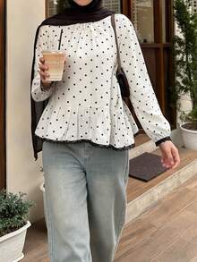 Women's Standard Size Polka Dot Print Ruffle Hem Lace Trim Patchwork Casual Commute Blouse, Vintage Fall Fashion - Multicolor - View 2